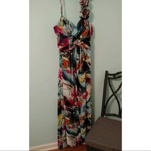 Betsy & Adam Floral Prom Dress w/ Ruffle Shoulder